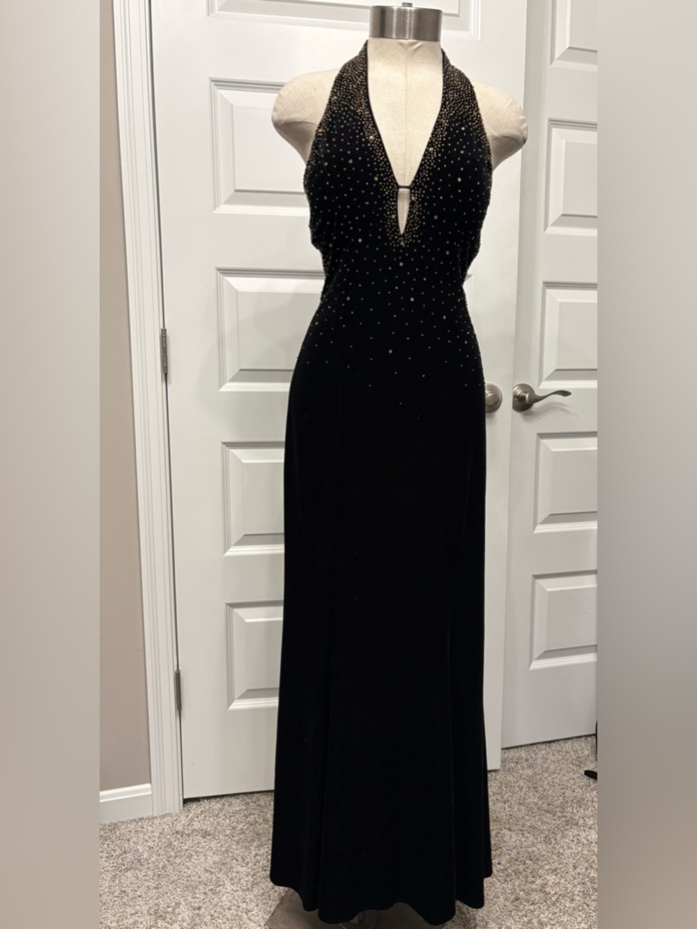 Niki Livas Black Velvet Evening Gown Gold Sequins Halter Open back